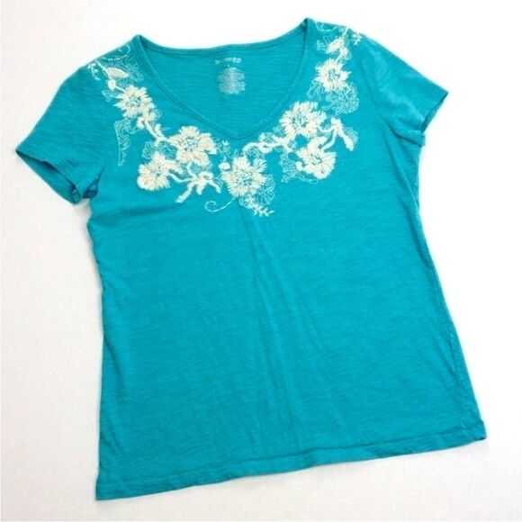 SALE Sea Blue Pearl Embroidered Beaded Floral Tee Shirt - Picture 2 of 5